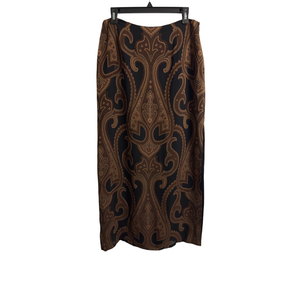 Carlisle Womens Brown Blackā Paisley Silk Blend Maxi Skirt Size 10 Side Slit